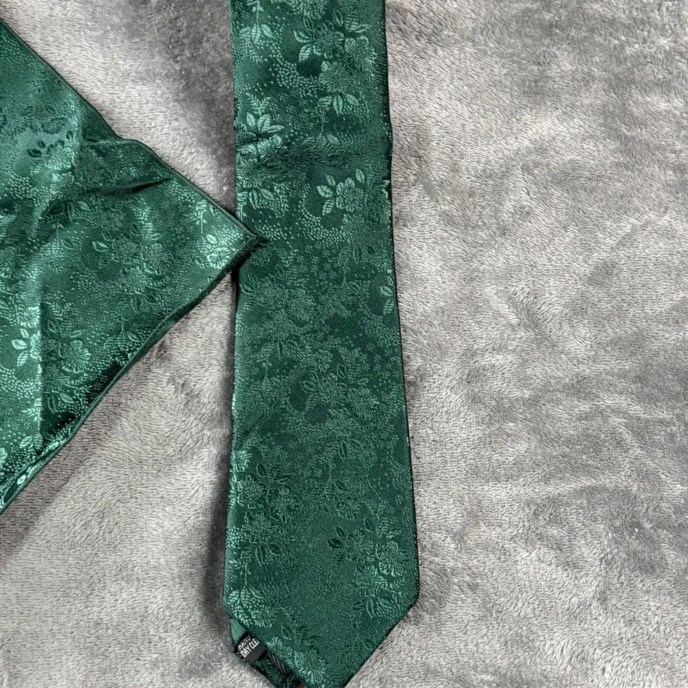 Jemygins Mens Green Floral Silk Blend Tie Pocket Square Tie Clip Set Hand Made